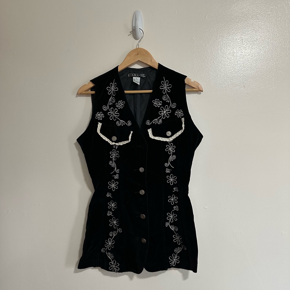 Zana Di Black Velvet Vest with Floral Embroidery & Lace Detail, Lace-Up Back, XS